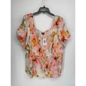 Torrid Peplum Top Womens 2X Pink Floral New Puff Sleeve Button Front 43655786